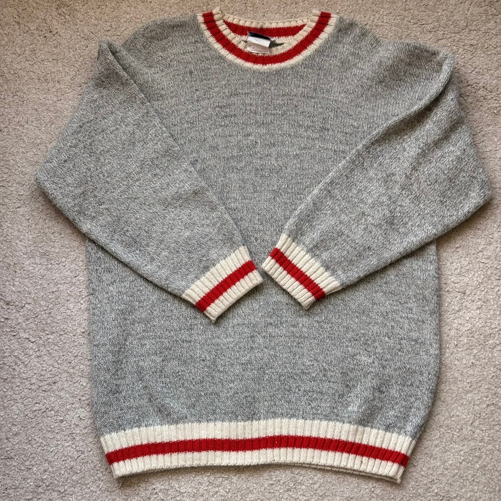 Vintage En Plus Eaton Wool Blend Sweater Grey Red Striped Trim Mens 2X Canada